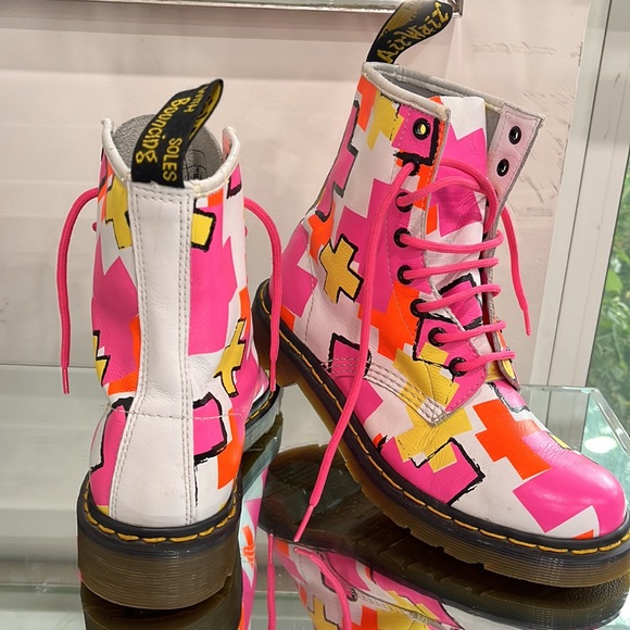 Dr. Martens Shoes - Doc. Martens Leather Lace up Combat Moto Boots White Neon Cross Print 8 L